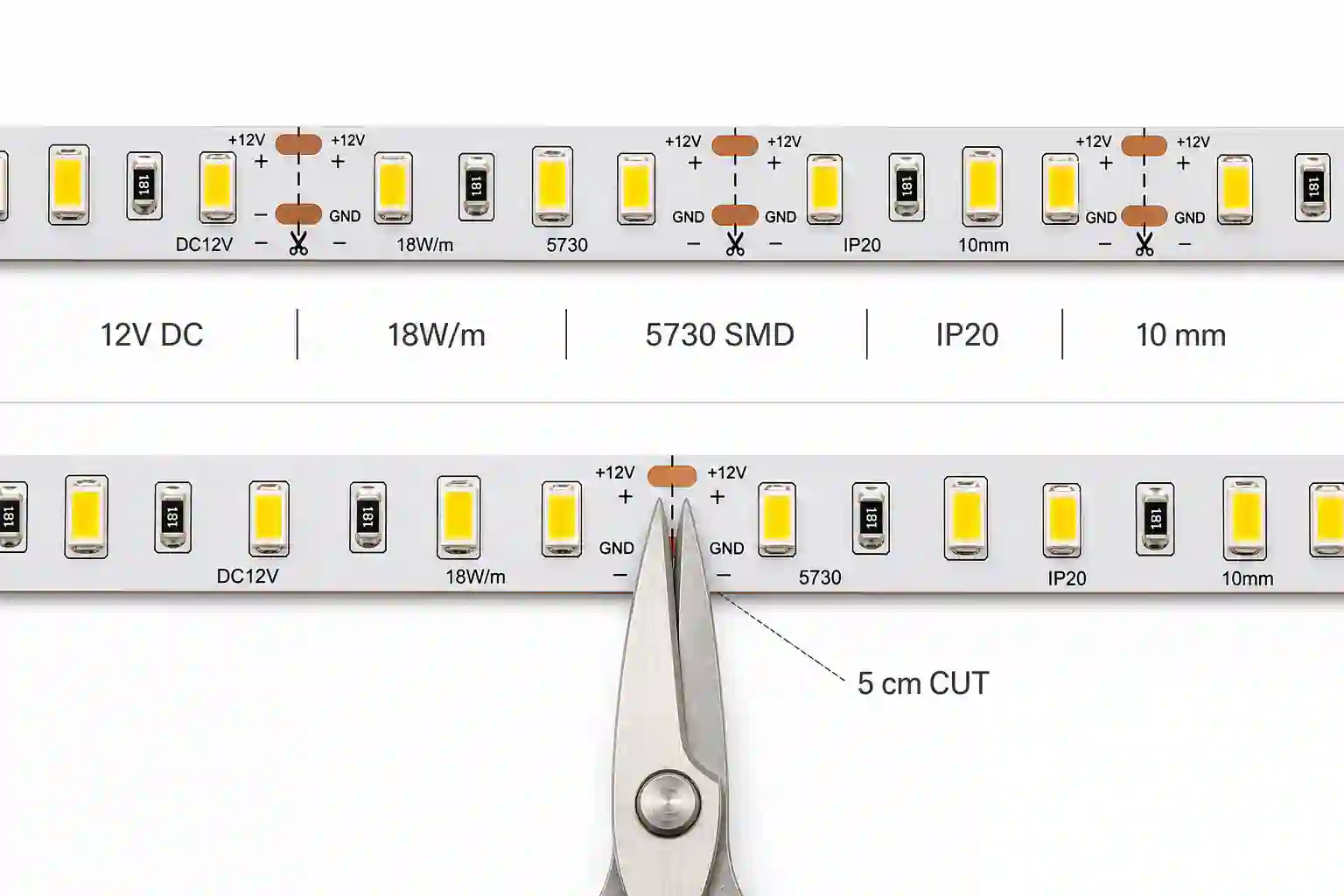 Technický detail LED pásku 10mm s dělením každých 5cm